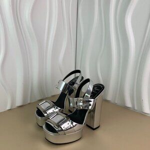 Roger Vivier Silver Metallic Platform Heels With Chunky Block Heel & Adjustable